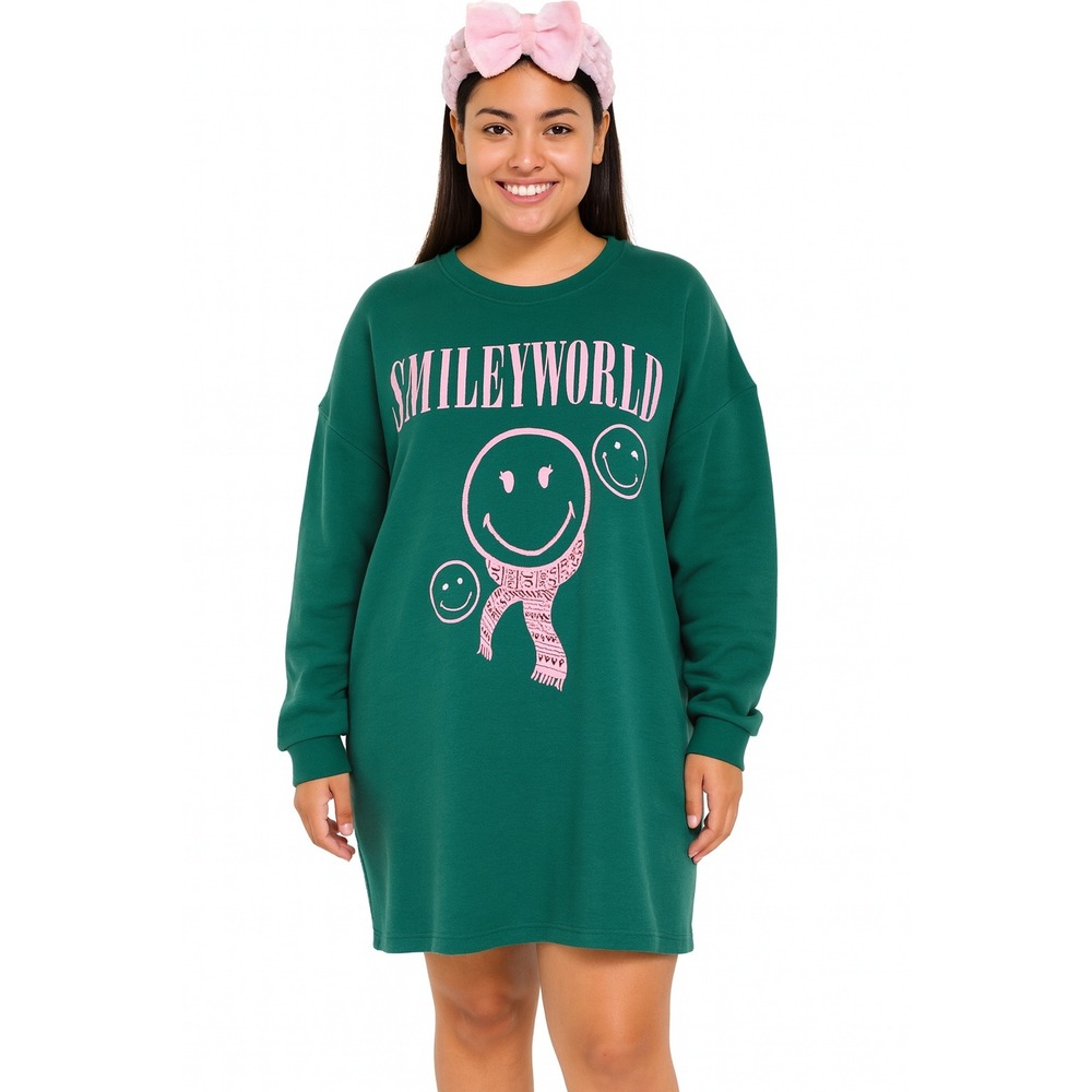 SmileyWorld Womens Sweatshirt Dress‎ Size L Green Pink Graphic Sleep Comfy Cute